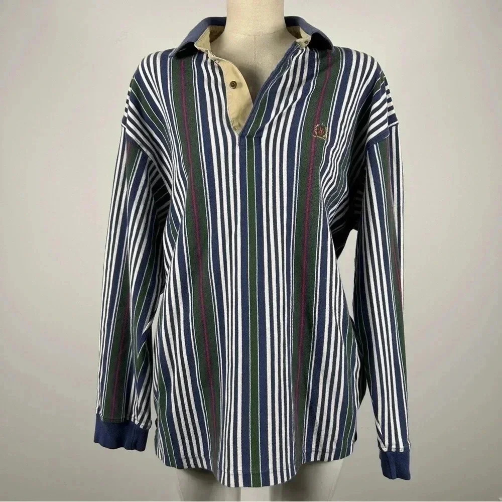 Vintage 90s Tommy Hilfiger Striped Long Sleeve Polo Shirt Black White Green Blue - Picture 3 of 12
